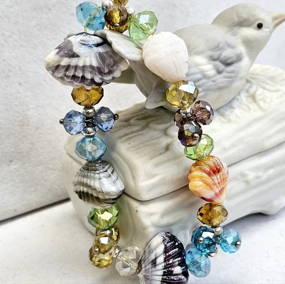 Glass Bead Seashell Bracelet Stretchy - Picture 4 of 15